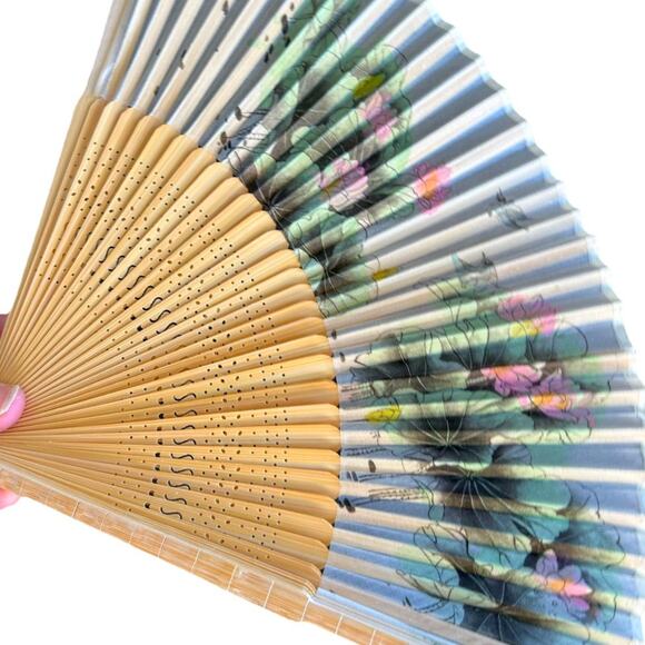 Vintage Japanese Folding Fan Bamboo Frame Floral Asian With Box Retro Design - Picture 1 of 11